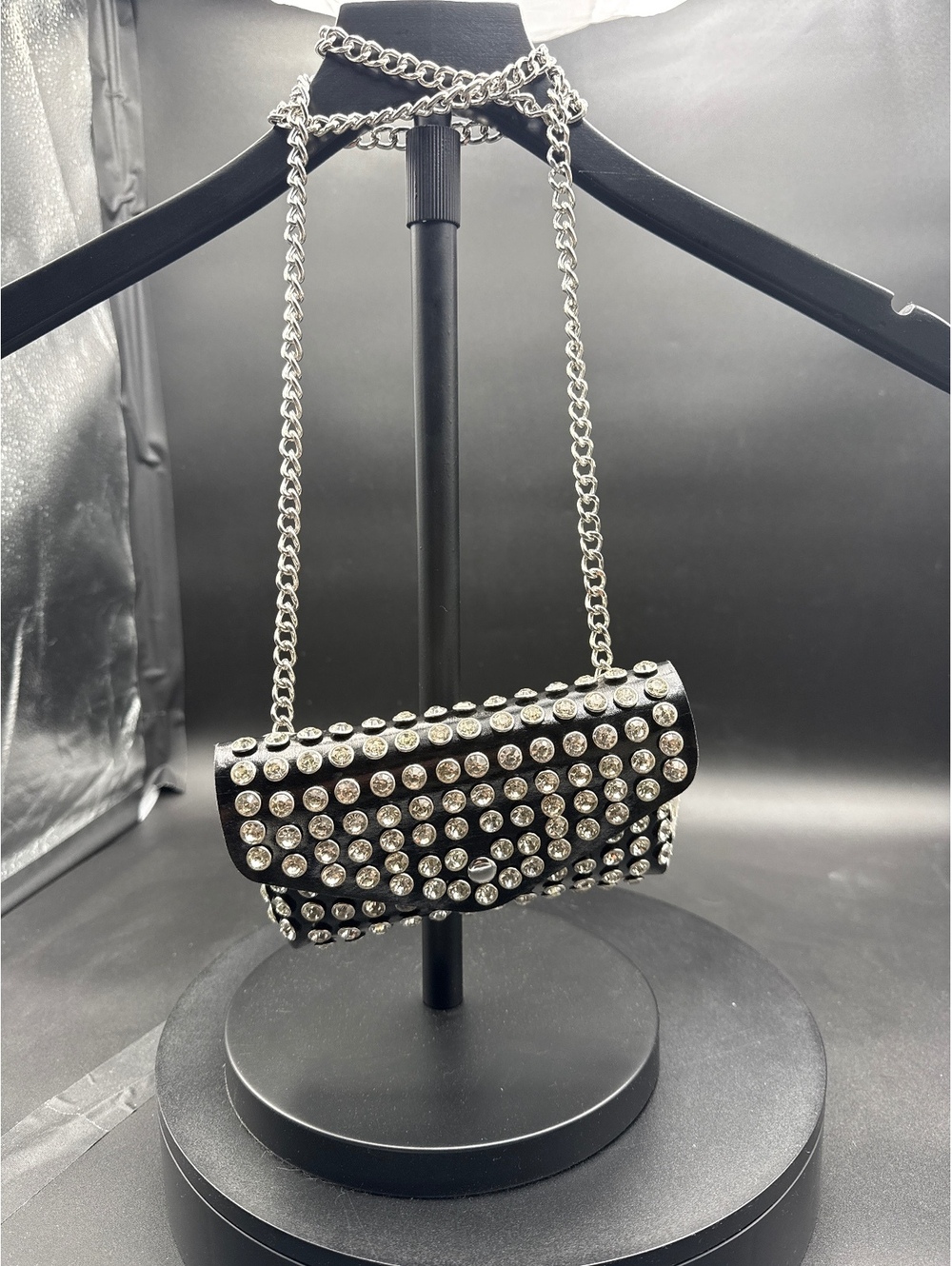 Black Studded Mini Shoulder Bag with Silver Chain Strap